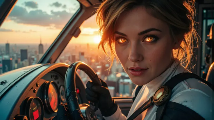 Close-up shot of a super-powered girl's intense gaze, eyes aglow with energy, as she expertly pilots her sleek light ship amidst the golden hour sky. The warm sunlight casts a radiant glow on her determined face, illuminated by the cockpit window showcasin...