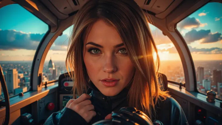 Close-up shot of a super-powered girl's intense gaze, eyes aglow with energy, as she expertly pilots her sleek light ship amidst the golden hour sky. The warm sunlight casts a radiant glow on her determined face, illuminated by the cockpit window showcasin...