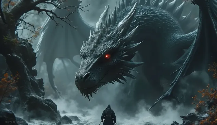 shadowy silhouette of a dragon behind trees, glowing red eyes, wings barely visible in mist, gothic forest, cinematic lighting, dark fantasy