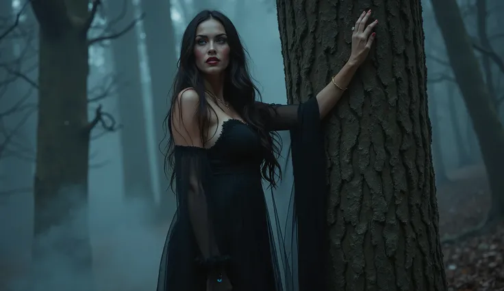 A captivating fantasy heroine resembling Megan Fox with long, wavy dark hair, standing in a shadowy, mist-filled forest. She has piercing blue eyes, full lips, and a confident yet mysterious expression. Her hourglass figure with big breast is wrapped in a ...