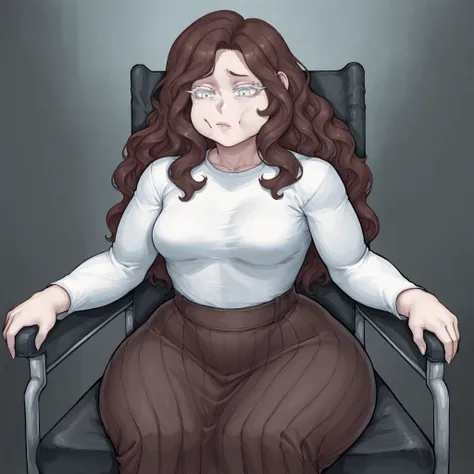 1 woman, you are clear, brown wavy hair, cheeks, round face, beautiful face, white eyelashes, medium breasts, thick thighs, wide hips, waist with leather strips, thighs, long skirt, long sleeve t-shirt with large neckline, sitting in a wheelchair in the ba...