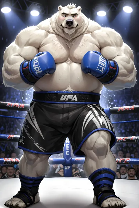 polar bear, old man, male, solo, huge muscular polar bear in APEX UFC MMA championship fighting caged ring, big stances, big grunting, polar bear, huge thick white fur, thick arm, huge arm, thick neck, detailed thick moustache and beard, Short white hair, ...