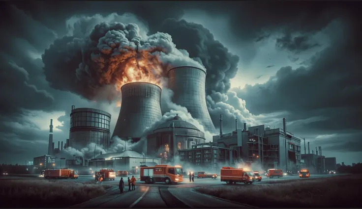MASTERPIECE, REALISTIC, PHOTOGRAPHIC QUALITY REALISTIC PHOTOGRAPHIC IMAGES THE IMAGE MUST BE CREATED AT NIGHT, HD, VIBRANT COLORS, 8K, REAL TEXTURE, HD CROWD AT NIGHT, EXPLOSION OF A NUCLEAR PLANT AT NIGHT, MUCH GREEN SMOKE AND FIRE, IT GENERATES A HIGH CO...