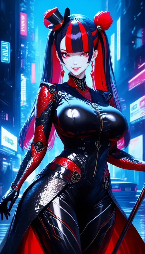 SOLO,Cyberpunk city background, A female robot with perfect body,oppai,Wearing Red biological armor,(Red Princess dress long hem),(((Wearing Black short leather vest))), (white and red multicolored hair, twintails, blunt bangs),A Red Mini top hat, Crystal ...