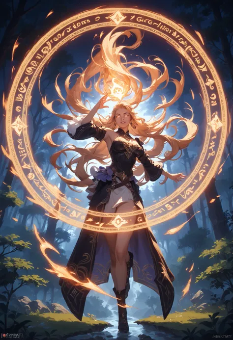 A widescreen anime-style scene of a mysterious forest clearing lit by moonlight and magic fire, a powerful young witch with long flowing hair and glowing eyes stands in the center of a ritual circle, runes and sparks in the air, background filled with anci...