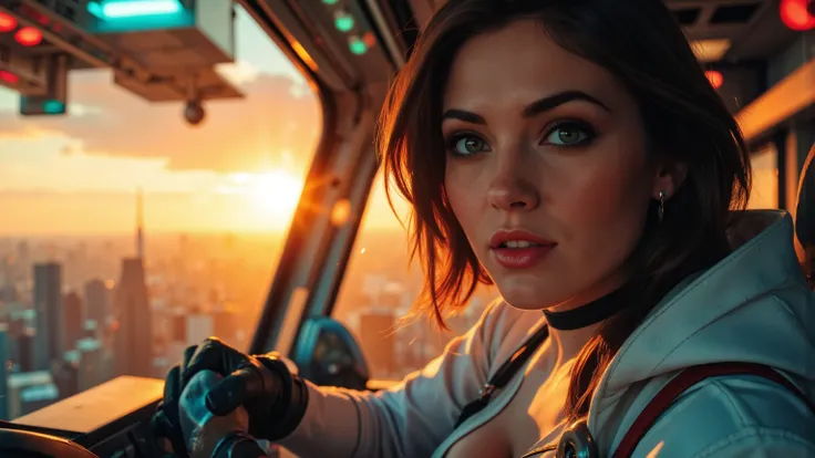 Close-up shot of a super-powered girl's intense gaze, eyes aglow with energy, as she expertly pilots her sleek light ship amidst the golden hour sky. The warm sunlight casts a radiant glow on her determined face, illuminated by the cockpit window showcasin...