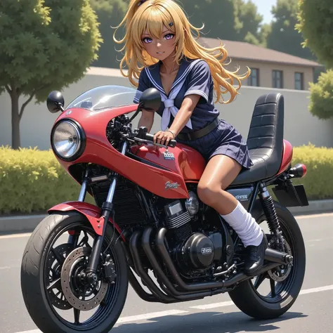 One girl rides a motorcycle,Repsol color　cafe racer tuned motorcycles,textured brown skin,sailor suit,small breasts,high heels, rocket cowl ,top quality,(kogyaru)、realistic,Photorealistic,Professional,vivid color,Bokeh,HDR,UHD,Studio Lighting,ultra-detaile...