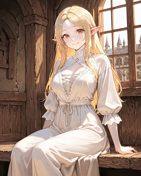 masterpiece, best quality,indoors,Wood windows,Medieval fantasy architecture,1girl,sitting, smiling, breasts, pale skin, white dress, long blonde hair, elf ears, brown amber eyes, Accurate, Anatomically Correct, Best Quality, HD, High Details, High Quality...