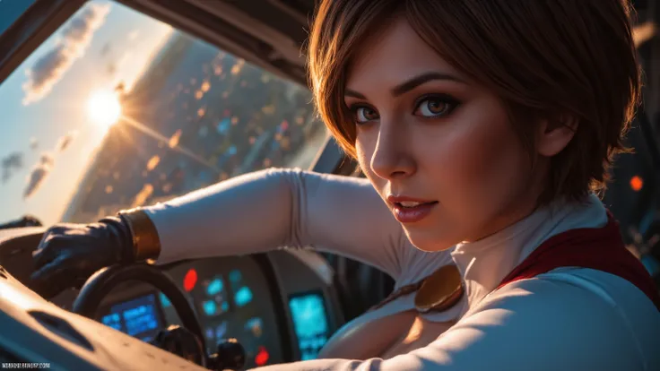 Close-up shot of a super-powered girl's intense gaze, eyes aglow with energy, as she expertly pilots her sleek light ship amidst the golden hour sky. The warm sunlight casts a radiant glow on her determined face, illuminated by the cockpit window showcasin...