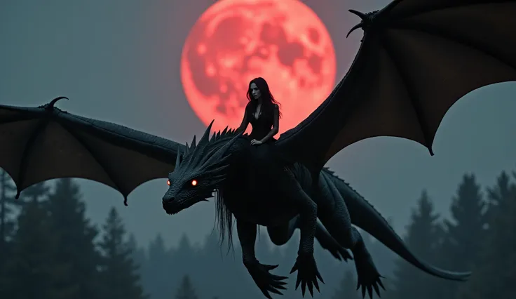 A gothic woman resembling Megan Fox, with long wavy black hair and pale porcelain skin, rides a gigantic black dragon, its head alone larger than her entire body. The dragon has glowing red eyes, enormous wings stretching across the sky, and razor-sharp sc...