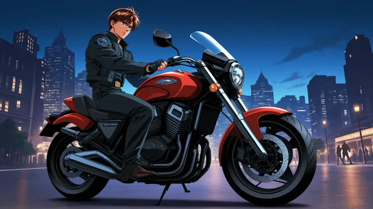 man and his motorcycle in the dark city night retrowave 90s landscape