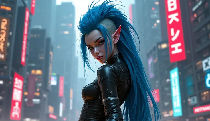 Cyberpunk Elf, bushy tall Mohawk, long blue hair, Heavy Metal, science fiction, futuristic cityscape background, sexy, seductive, high detail, masterpiece.