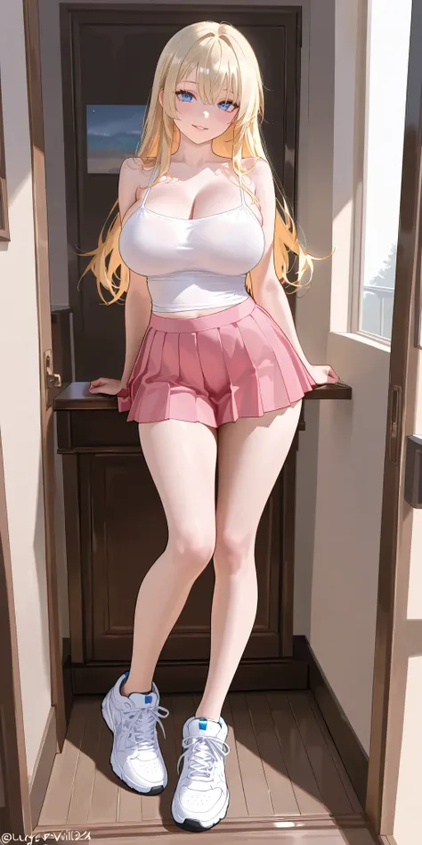 score_9, score_8_up, score_7_up, score_6_up, 8k, high detailed picture, Masterpiece, newest, vibrant, very aesthetic, high contrast, curvy young girl, white spaghetti strap top, pink pleated mini skirt, sneakers with massive soles, perfect big breast, full...