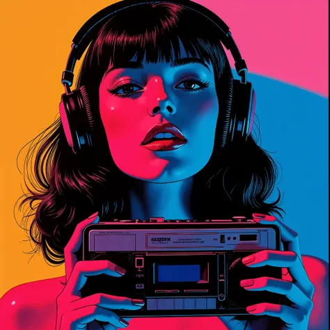 Bust of a young 80s style woman listening to a dancing Walkman, New Wave style, album cover image,and high contrast 