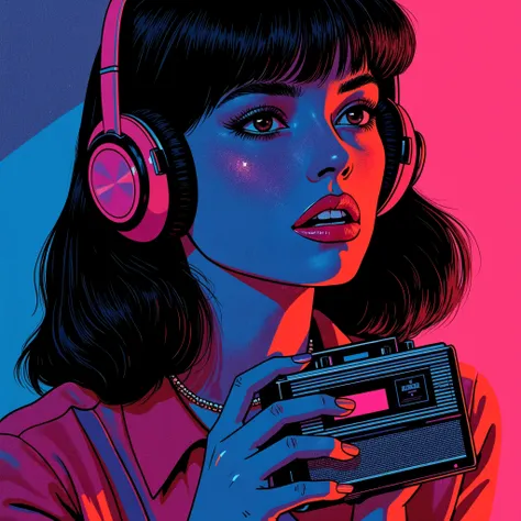 Bust of a young 80s style woman listening to a dancing Walkman, New Wave style, album cover image,and high contrast 