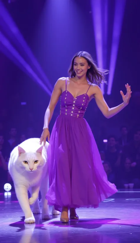 "Now wearing a purple slip dress, the British young woman begins a mesmerizing dance on the AGT stage. The white giant cat moves gracefully beside her, mirroring her movements. The stage lights change to a mix of purple and blue, creating a magical atmosph...