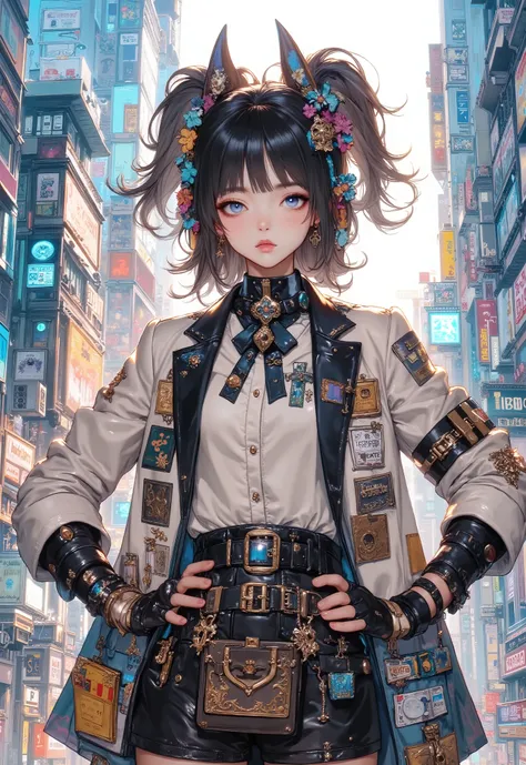 woman in cool clothes listening to music in the city。クールな服装で、ponytail。