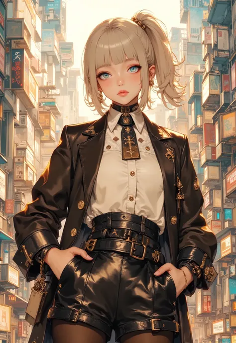 woman in cool clothes listening to music in the city。Wear cool clothes、ponytail。