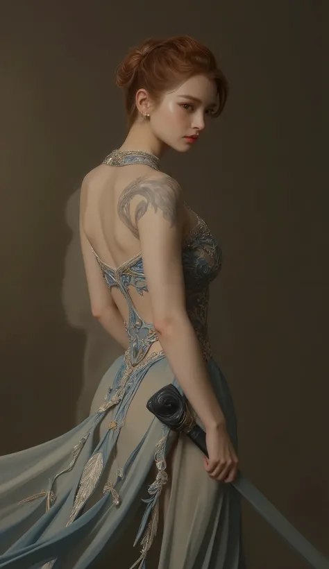 Raytraced Images Inspired by Alicia Vickander {x}。Close-up of a woman in a blue dress holding a sword, Wang Meng, a Taiwanese girl with a tattoo of an Asian woman in Arafé , Full Body Senxia , Inspired by Gu Kaizhi , Spirit medium, yakuza slim girl, Big...