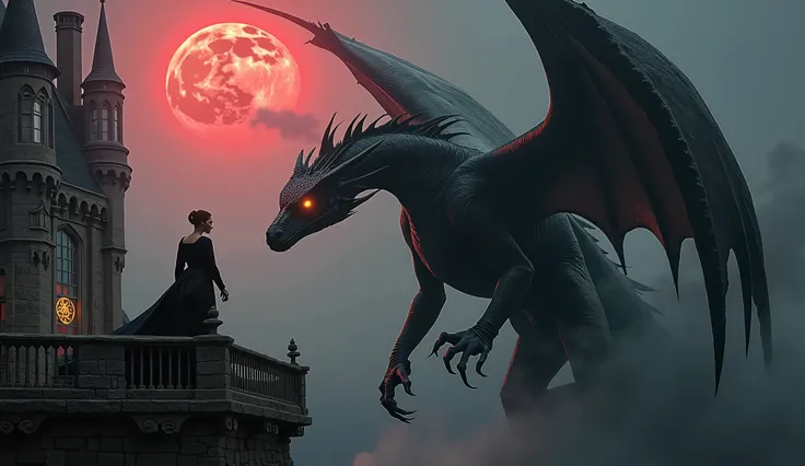 A towering black dragon with glowing red eyes and giant wings lands on the upper terrace of an ancient gothic castle. The woman (Megan Fox lookalike) climbs down from its back, her black silk dress flowing in the wind. Gargoyles surround the terrace, and a...