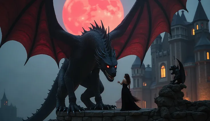 A towering black dragon with glowing red eyes and giant wings lands on the upper terrace of an ancient gothic castle. The woman (Megan Fox lookalike) climbs down from its back, her black silk dress flowing in the wind. Gargoyles surround the terrace, and a...