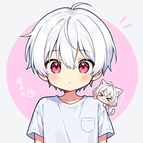 Front profile of Chibi cute  anime boy with white hair and cat ear wearing a white Tshirt