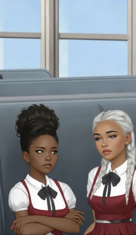 Two Black Young Girls that are friends on a school bus setting  wearing matching school uniforms outfits consisting of a white shirt with puffed sleeves, a burgundy sleeveless dress, and a black ribbon tie. One of the young friends girl is darker skin tone...