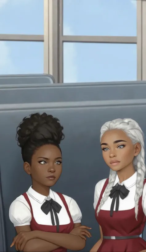Two Black Young Girls that are friends on a school bus setting  wearing matching school uniforms outfits consisting of a white shirt with puffed sleeves, a burgundy sleeveless dress, and a black ribbon tie. One of the young friends girl is darker skin tone...