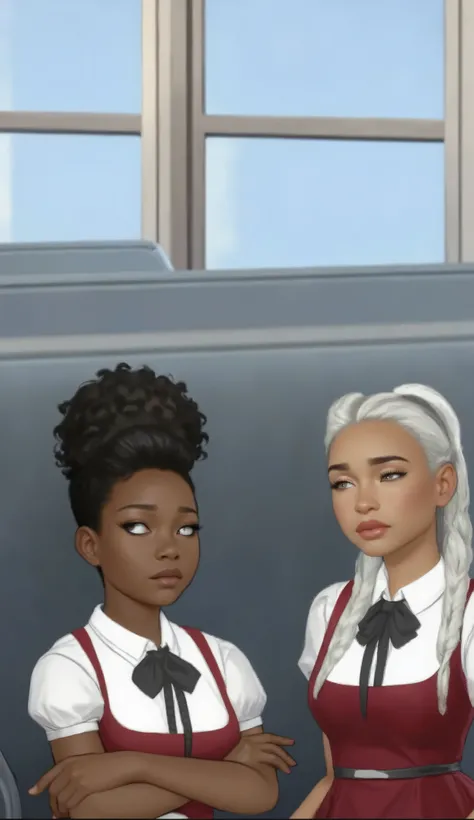 Two Black Young Girls that are friends on a school bus setting wearing matching school uniforms outfits consisting of a white shirt with puffed sleeves, a burgundy sleeveless dress, and a black ribbon tie. One of the young friends girl is darker skin tone ...