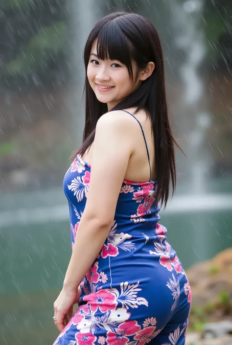 Realistic photo Of A Japanese girl, visible to the feet , curvaceous body, using blue pink wet batik sarong, face facing the camera. Elegant elegant style elegant aesthetic . sexy butt, big ass and hips, Good Detail . stand sideways with pleasure and smil...