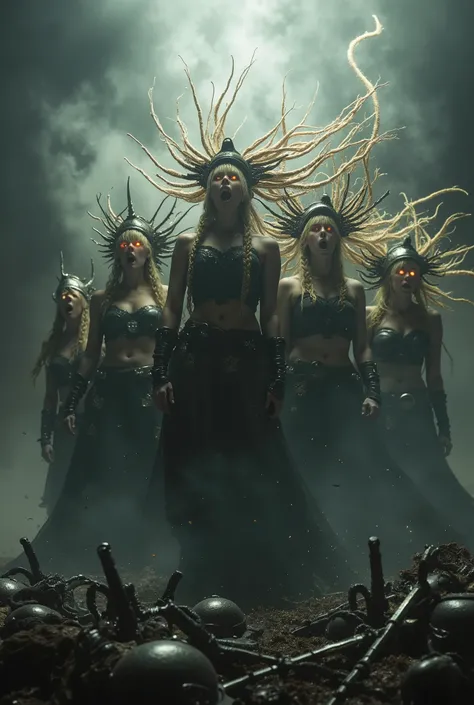 A powerful anime scene — a group of sexy women: fierce Valkyries standing on a battlefield, surrounded by smoke and mist, their mouths open in a collective scream, long braided hair flying, winged helmets, glowing eyes filled with rage, broken weapons and ...