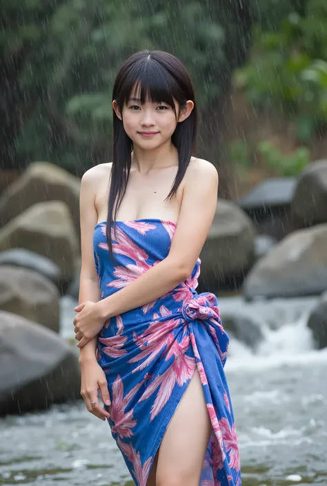 Realistic photo Of A Japanese girl, dynamic pose, visible to the feet , using blue pink wet batik sarong, face facing the camera. Elegant elegant style elegant aesthetic . Good Detail . soft smile. Taking a wet shower- wet brushed, body and wetsuit are a...