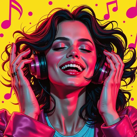 Bust of a young New Wave woman wearing headphone and dancing, She is enjoying the song, album cover image, and high contrast 