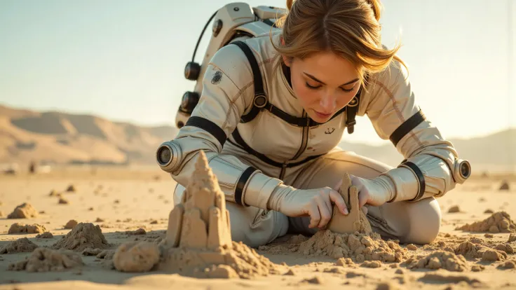 A young woman in a futuristic space suit, kneeling on a sandy planet, building intricate sandcastles with a serene expression. The scene is framed mid-shot, with the vast, barren landscape of the planet in the background. Soft, diffused lighting highlights...