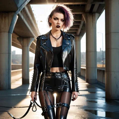 An intense woman stands under an overpass, dressed in a cropped leather jacket with shoulder spikes, and leather thigh straps over sheer tights. Her lips curl in a smirk, one hand holding a leash coiled like a whip. Behind her — the shimmer of wet concrete...