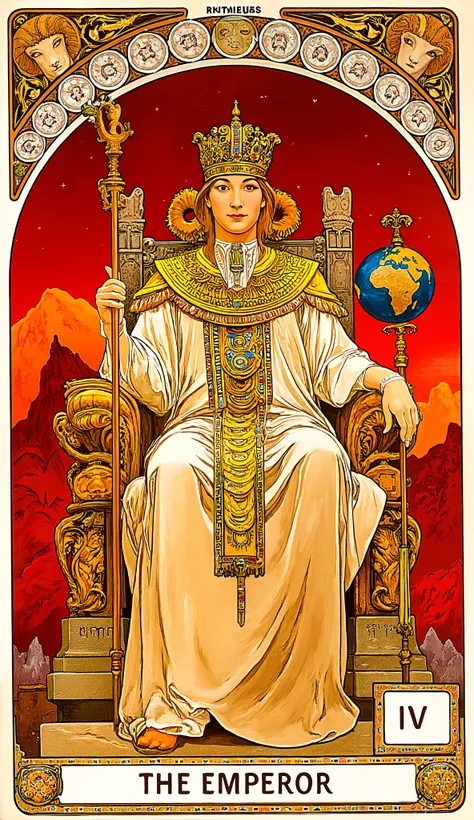Art nouveau style, a very powerful Emperor character of tarot, text says "THE EMPEROR" at bottom, "IV" at top, the Emperor sits on a stone throne, throme adorned with four ram's heads, Wearing a crown with gems around, The tip of the crown on his head also...