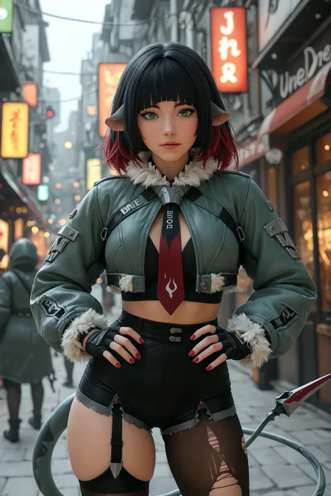best_quality, absurdres, ultra-detailed, highly_aesthetic, 8K, UHD, highly_detailed_eyes, depth_of_field, subject_focus, 
j4ne d0e, tail, two-tone hair, black hair, red hair, blunt bangs, animal ears, green eyes
torn clothes, fur trim, green jacket, fur-tr...