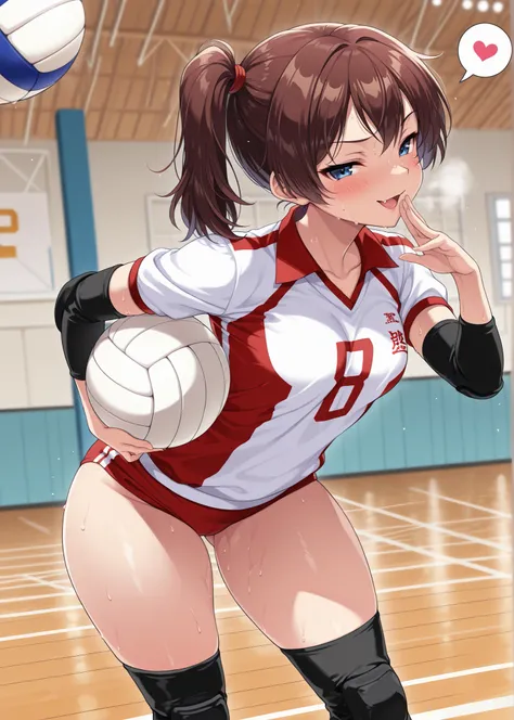 masterpiece, best quality, amazing quality, 1 girl, (young woman:1.4), (holding ball:1.4), (seductive pose:1.4), (sexy pose:1.4), thick thighs, Collared volleyball uniforms, buruma, volleyball knee pads, elbow sleeve, (old Full spherical 8.5" white volleyb...