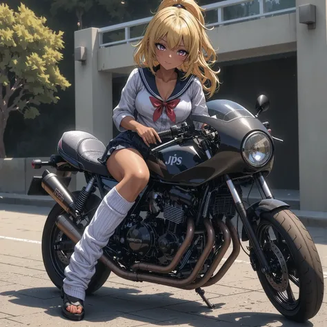 One girl rides a motorcycle,JPS color　cafe racer tuned motorcycles,textured brown skin,sailor suit,Pointy breasts,high heels, rocket cowl ,top quality,(kogyaru)、realistic,Photorealistic,professional on stage floor,vivid color,Bokeh,HDR,UHD,studio lighting,...