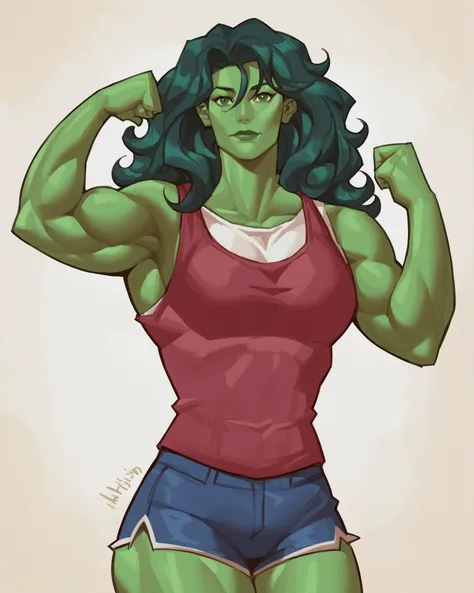 score_9, score_8_up, score_7_up, score_6_up, rating_questionable, , source_anime,
, hires, best quality, masterpiece, 1girl, detail, intricate, portrait,facing viewer, flexing, muscular female, short shorts, tank top, looking at viewer, m4rjinn, 30 years f...