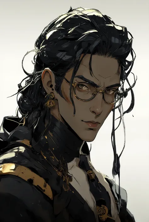 A tall, fit, 32-year-old man with narrow glasses with thin dark frames, long black hair pulled back in a low ponytail and gray eyes, dressed in a black business suit with a tie and a white shirt, aristocratic features and high intelligence.