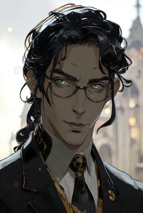 A tall, fit, 32-year-old man with narrow glasses with thin dark frames, long black hair pulled back in a low ponytail and gray eyes, dressed in a black business suit with a tie and a white shirt, aristocratic features and high intelligence.