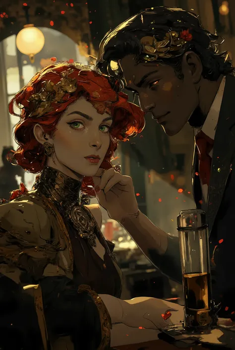 Redhead bartender flirts with a mobster at the bar, style 70, Prohibition