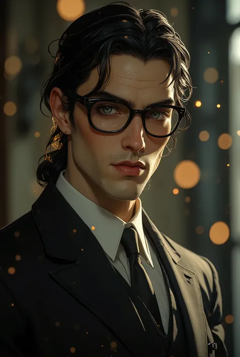 A tall fit 32-year-old man in tight glasses with a thin dark frame, with long black hair, with a low tail and big gray eyes, wearing a black business suit with tie and a white shirt, , facial features are aristocratic and highly intelligent with a strong c...