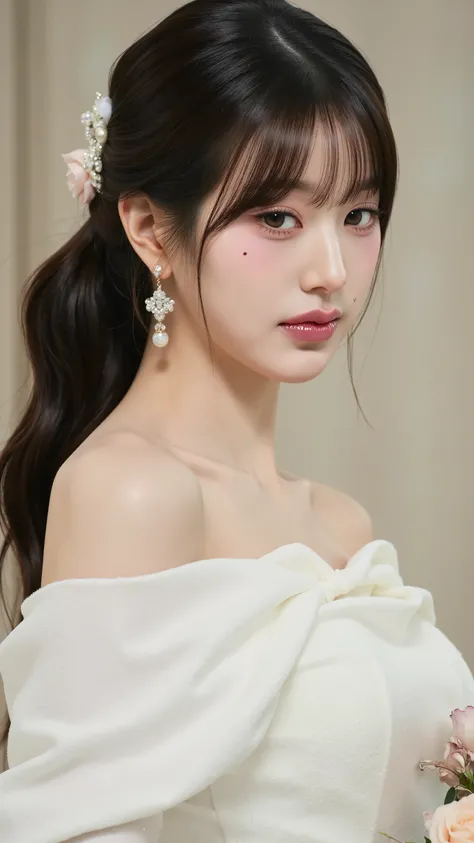 A close up of a woman in a wedding dress holding a bouquet, gorgeous young korean woman, beautiful young korean woman, beautiful south korean woman, jaeyeon nam, 2 , 2 , jinyoung shin, very beautiful young woman, very beautiful girl, 2 , korean girl, wenfe...