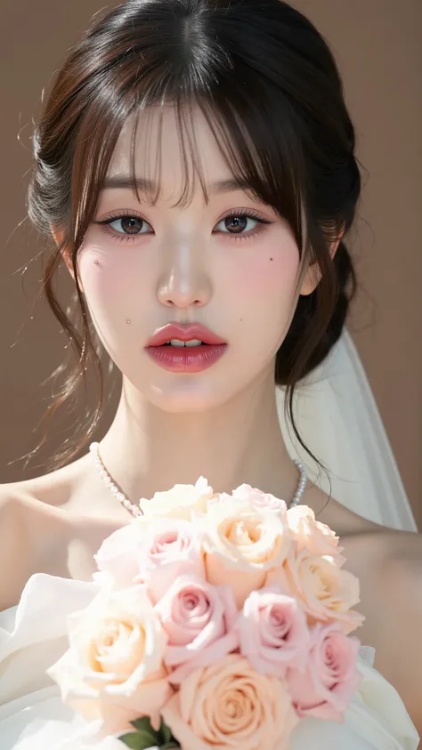 A close up of a woman in a wedding dress holding a bouquet, gorgeous young korean woman, beautiful young korean woman, beautiful south korean woman, jaeyeon nam, 2 , 2 , jinyoung shin, very beautiful young woman, very beautiful girl, 2 , korean girl, wenfe...
