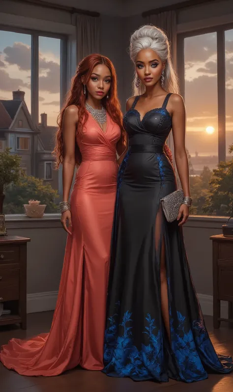 Elegant high school prom wear captured in a stylish indoor setting. The left figure is dark brown skinned younger age girl face with light brown eyes with long lashes, she have on a Gown Collar Cowl Satin Red Plum Rose silk gown, complemented by a silver s...