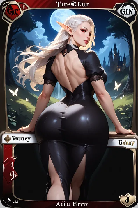 Beautiful elf in black dress, all long hair, white hair, red eyes, large butt, thick thighs, thin waist, abs, black legwear, leaning, black forest, big forest the background, white butterflies, big ass, wide hips, Magic: The Gathering card, realistic, solo...