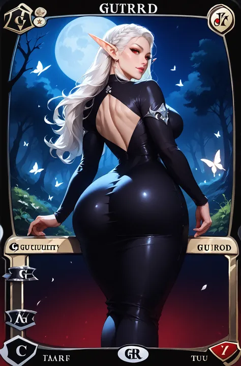 Beautiful elf in black dress, all long hair, white hair, red eyes, large butt, thick thighs, thin waist, abs, black legwear, leaning, black forest, big forest the background, white butterflies, big ass, wide hips, Magic: The Gathering card, realistic, solo...