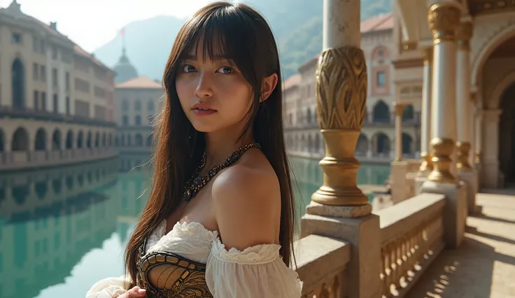 Beautiful detailed girl with long hair and bangs, in a , gloves, jewelry on kiss butt, with big breasts, long hair and bangs , A beautiful detailed girl with , waterside renaissance city {x} rendered in an isometric view with Blender .